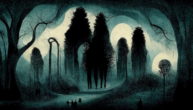 Haunted forest creepy landscape illustration Fantasy Halloween forest background Digital art