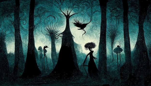 Haunted forest creepy landscape illustration. Fantasy surreal Halloween forest background.