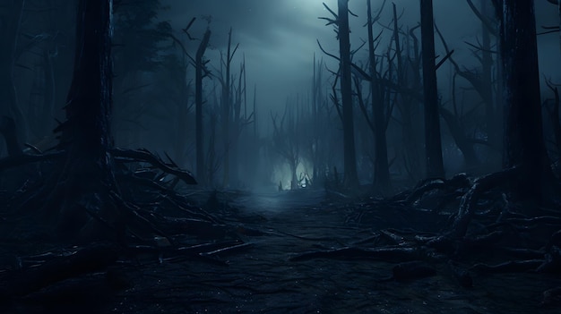 haunted forest creepy landscape at night