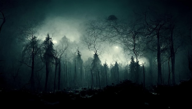 Haunted forest illustration in a gloomy night.3D illustration.Use digital paint blurring techniques.