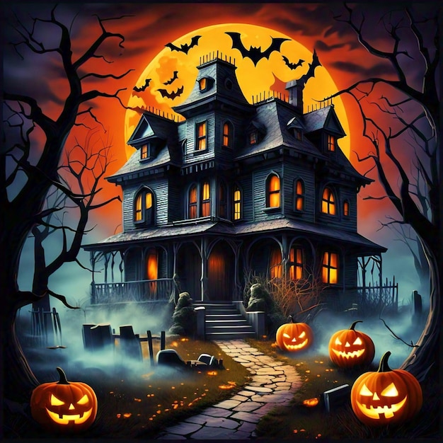 Haunted Halloween House with Spooky Pumpkins