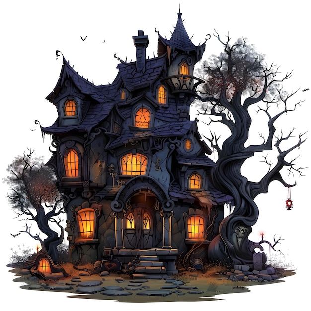 Haunted Halloween Mansion with Glowing Windows and Creepy Trees