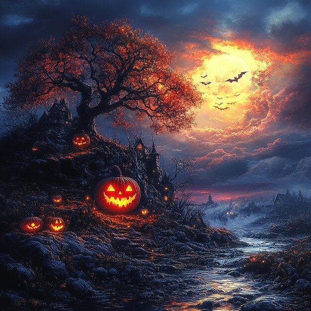 Haunted Hills and Glowing Pumpkin Mystical Halloween Nights in Eerie Landscapes