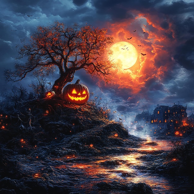 Haunted Hills and Glowing Pumpkin Mystical Halloween Nights in Eerie Landscapes