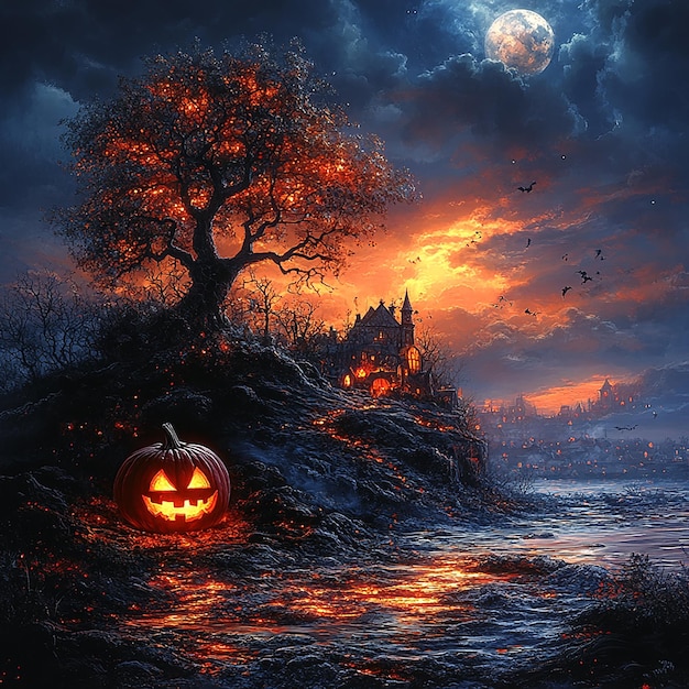 Haunted Hills and Glowing Pumpkin Mystical Halloween Nights in Eerie Landscapes