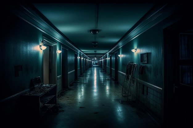 a haunted hospital hallway with flickering lights AI generated