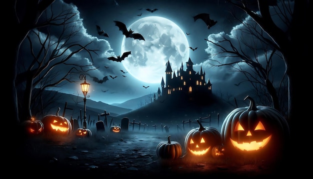 Haunted house background and tree with pumpkins