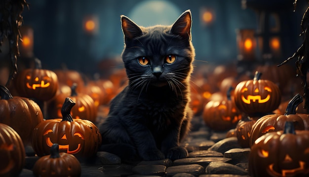 Haunted house cat pumpkin patch at night by full moon light