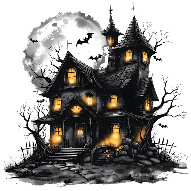 Haunted House in Creepy Halloween Fog with Bats on White Background