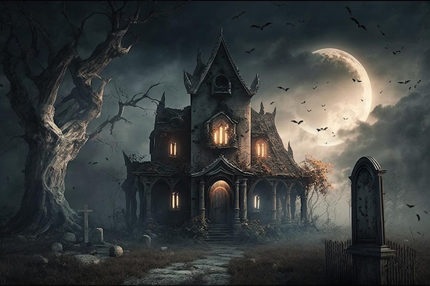 A haunted house in the dark