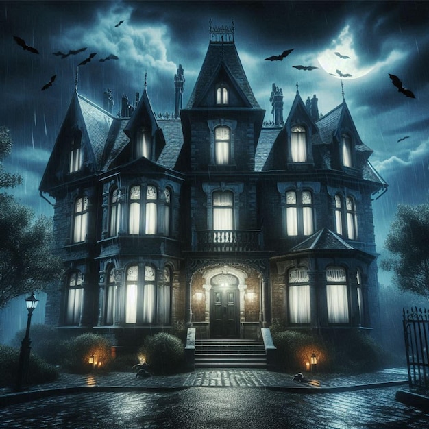 A haunted house on a dark