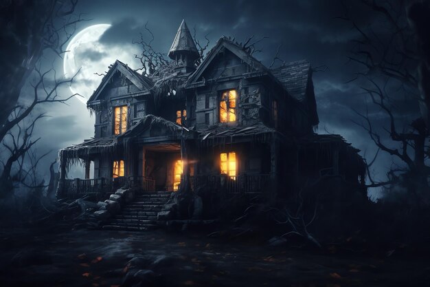 Haunted house on halloween celebration concept Spooky house with deserted building and pumpkin