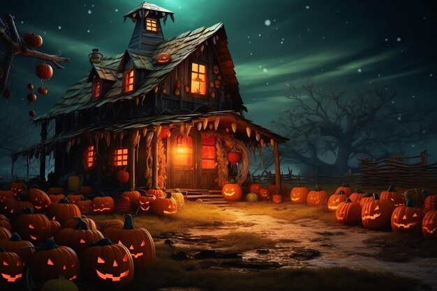 Haunted house on halloween celebration concept Spooky house with deserted building and pumpkin