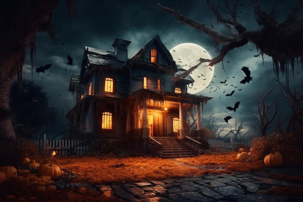 Haunted house on halloween celebration concept Spooky house with deserted building and pumpkin