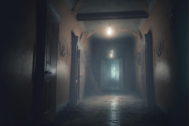 A haunted house's dark corridor filled with an eerie supernatura