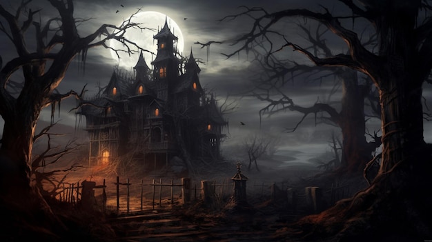 A haunted house surrounded by dead trees and a spoo