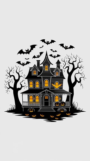 a haunted house with bats and pumpkins on the front