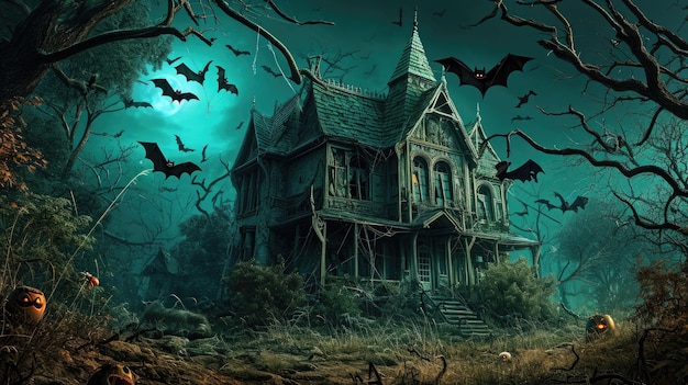 Haunted house with bats and spiders