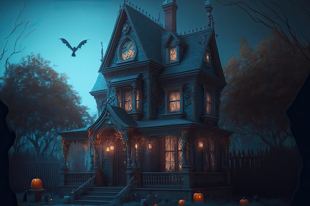 Haunted House with Dark Horror Atmosphere victorian haunted house with candlelight in the window in a dense spooky forest