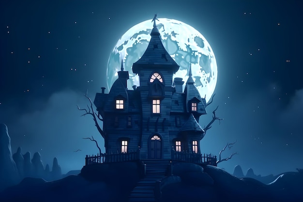 A haunted house with a full moon in the background