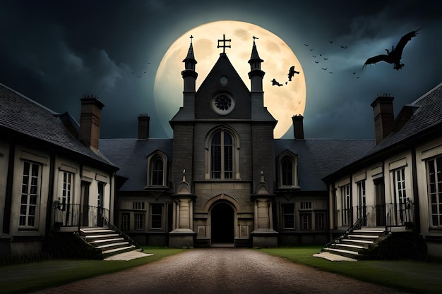 A haunted house with a full moon in the background