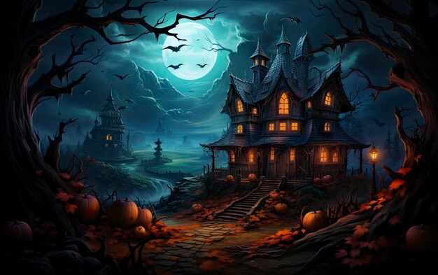 a haunted house with a full moon behind it.