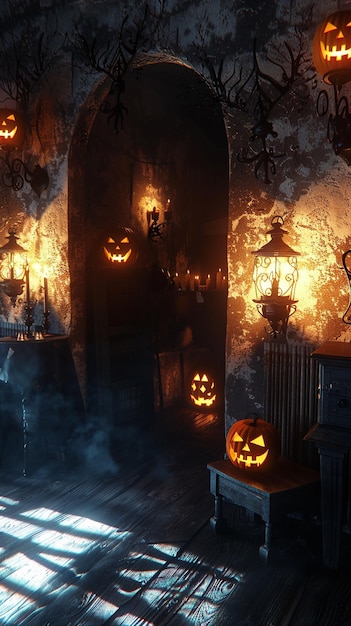 Haunted house with glowing jacklanterns and eerie shadows on the walls