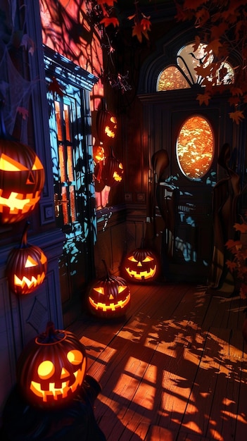 Haunted house with glowing jacklanterns and eerie shadows on the walls