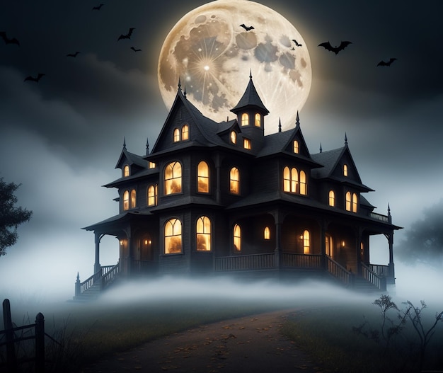 A haunted house with the moon in the background