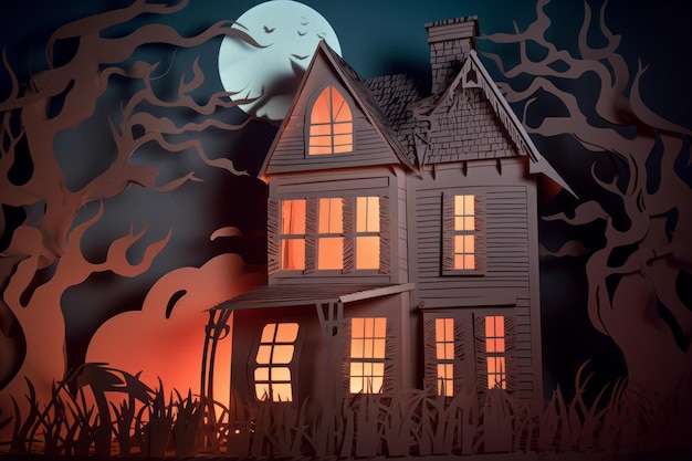 A haunted house with a moon behind it