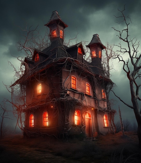 A haunted house with red lights on the windows