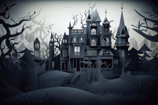 A haunted house in the woods with a dark background.