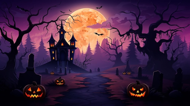 Photo haunted mansion on a full moon night glowing pumpkin and bats lurking in a spooky halloween scene