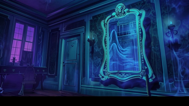 Haunted Mansion Interior with Ghostly Mirror