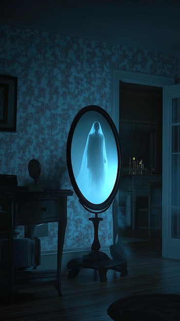 Haunted mirror with a ghostly reflection in a dark room under flickering candlelight