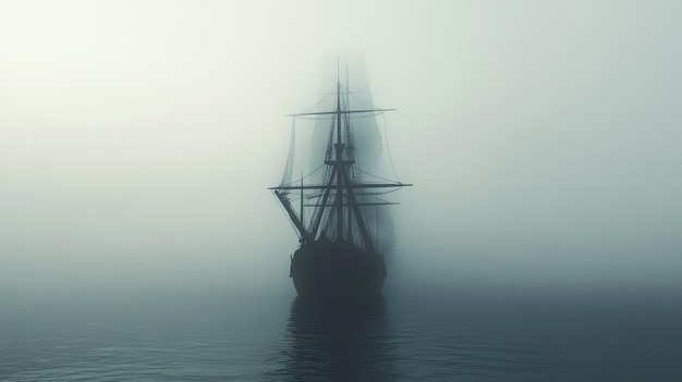 Photo haunted ship sailing through a foggy sea eerie and mysterious