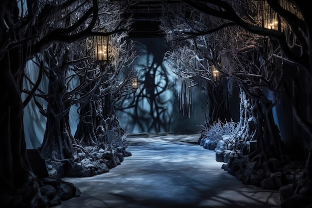 Photo haunted snowy landscape in a halloween setting icicles haunted trees and mysterious creatures