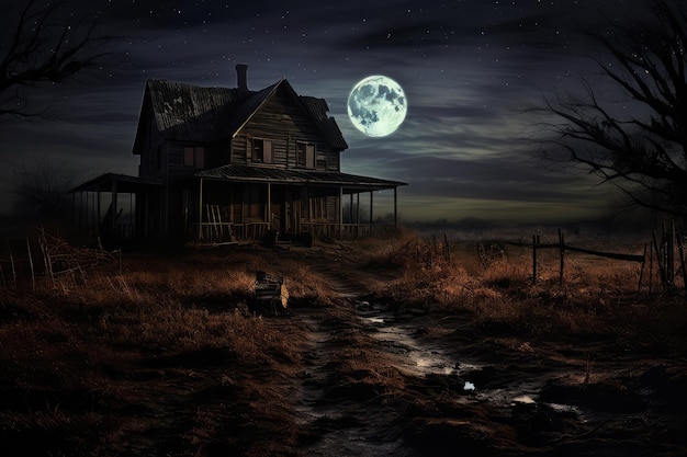 Haunted and spooky abandoned country farm house and full moon