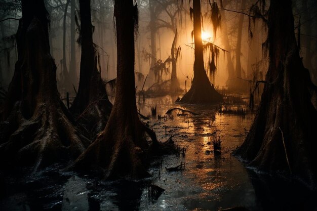 Photo haunted swamp with creepy fog