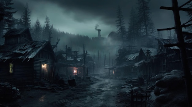 A haunting atmospheric ghost town in the style of Tim Burton