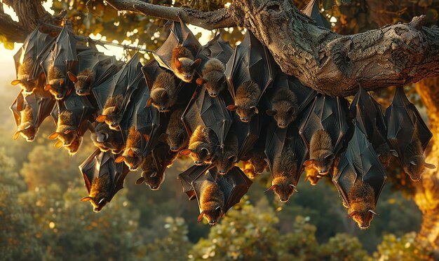 Photo haunting bat colony hanging from a rustic structure