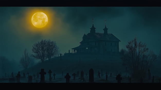 Photo a haunting beauty of a moonlit church in a foggy graveyard