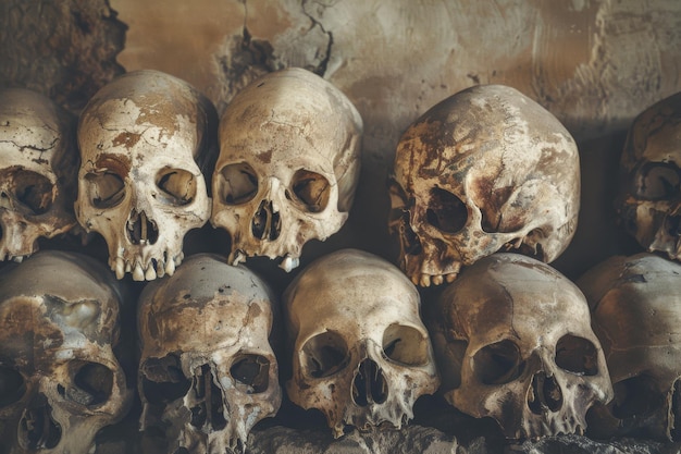 Photo a haunting display of aged human skulls arranged in rows creating a stark and eerie atmosphere against a cracked ancient wall