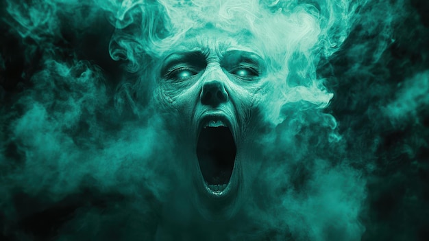 Photo a haunting figure emerges from green fog with a chilling scream that evokes fear and