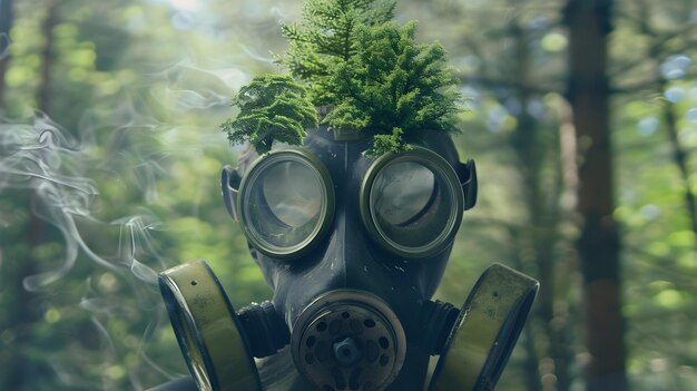 Photo haunting gas mask in mysterious overgrown forest symbolizing environmental disaster