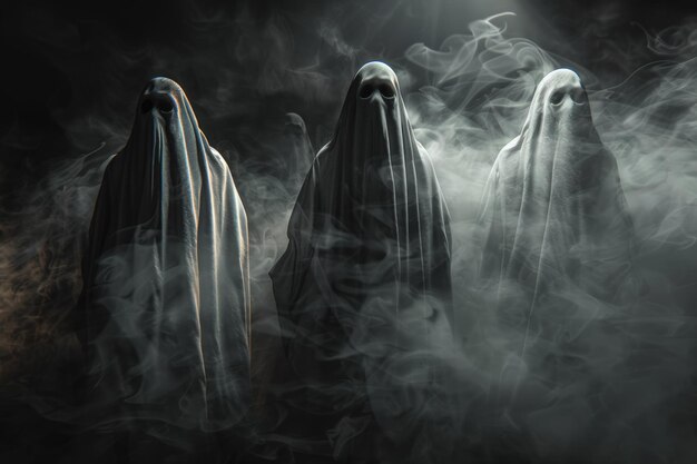 Photo haunting ghostly figures in a dark and eerie atmosphere perfect for supernatural horror themes and