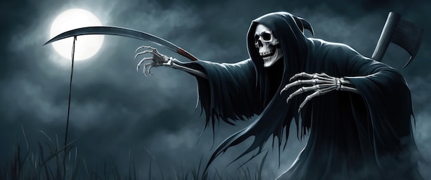 A haunting Grim Reaper emerges from shadows evoking fear and Halloween vibes