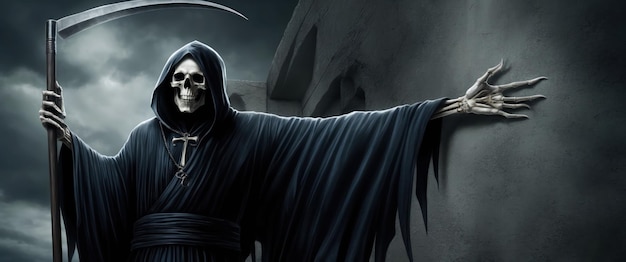 A haunting Grim Reaper emerges from shadows evoking fear and Halloween vibes