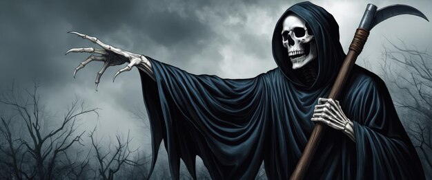 A haunting Grim Reaper emerges from shadows evoking fear and Halloween vibes