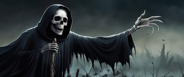 A haunting Grim Reaper emerges from shadows evoking fear and Halloween vibes